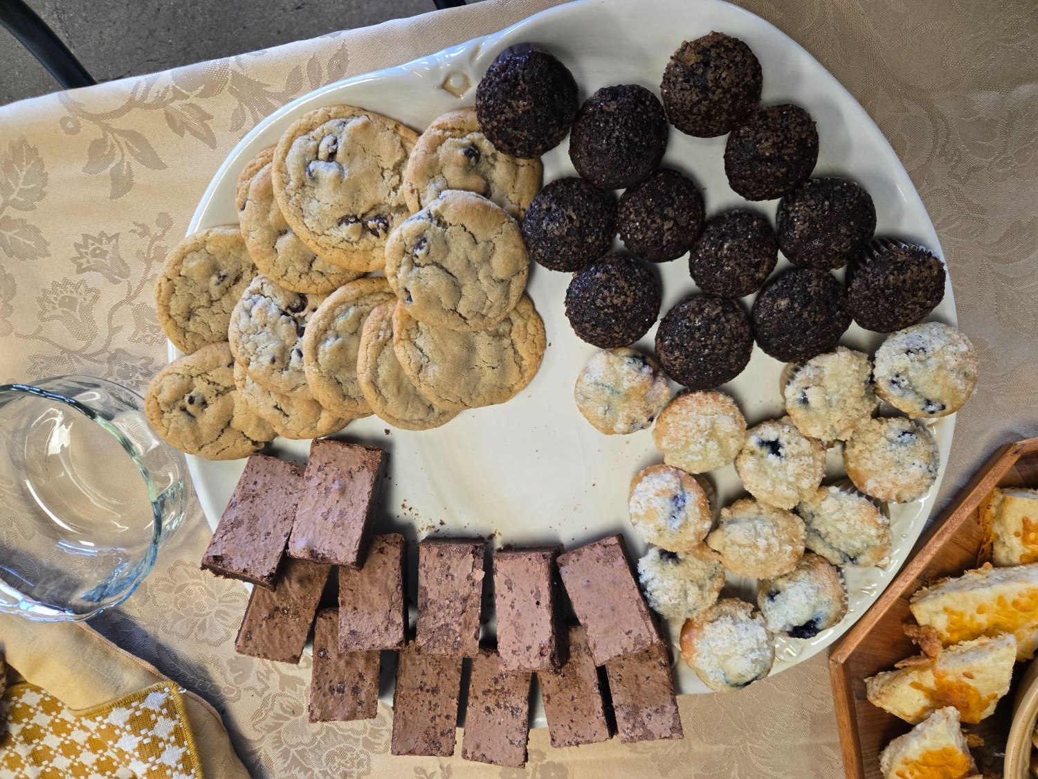 Brew Haha pastry catering tray with cookies, chocolate & blueberry muffins, brownies, and scones